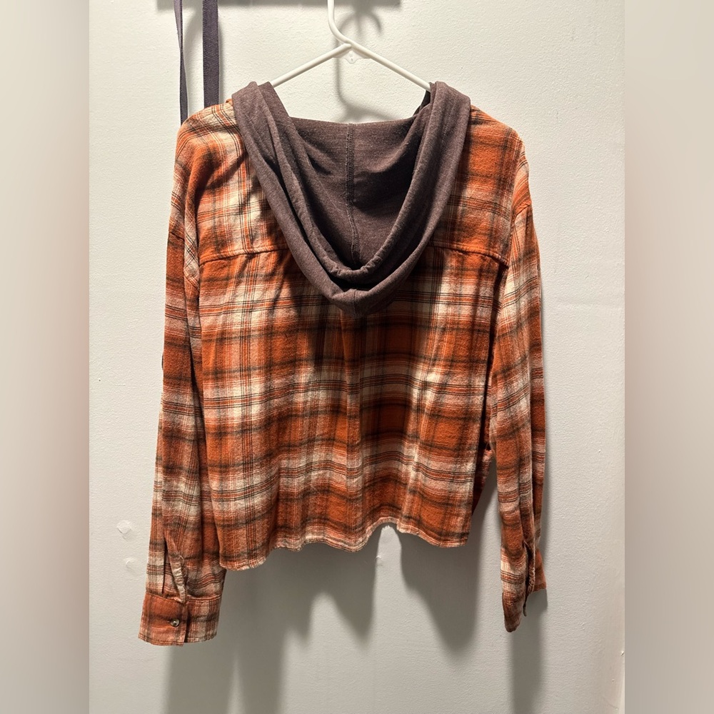 SO Orange Brown and White Plaid Hooded Shirt - Picture 2 of 3